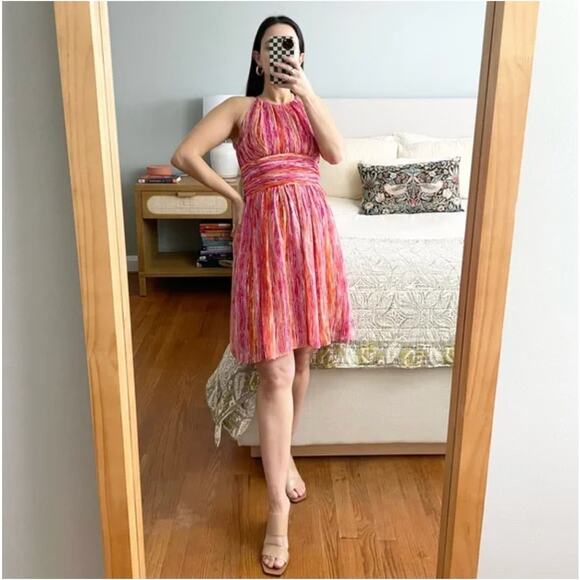 Carmen Marc Valvo Ruched Silk Cocktail Dress Pink Orange Size 2 - Picture 2 of 9